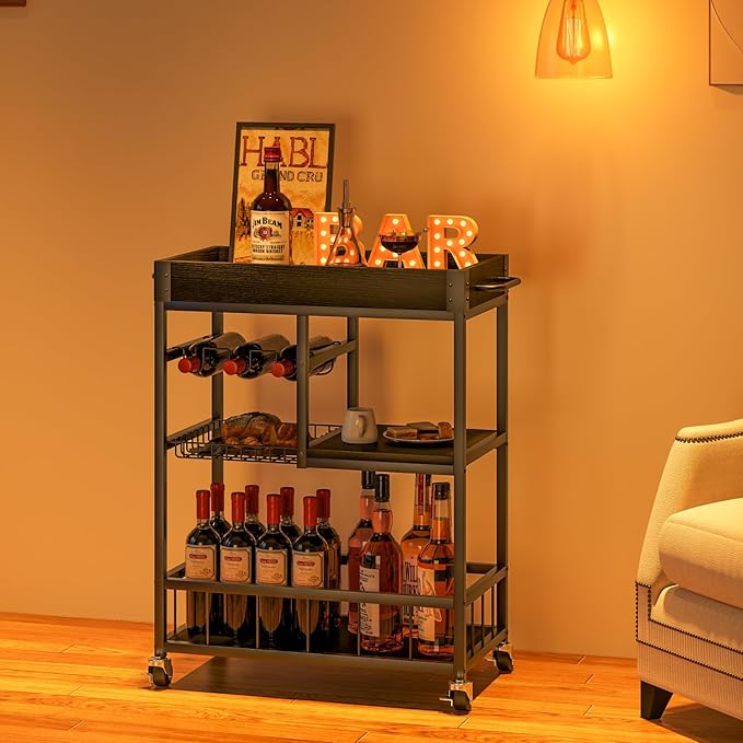 Bar Cart with Basket 3 Tiers Home Rolling Wine Rack with Wheels Mobile Kitchen Industrial Vintage Style Wood Metal Serving Trolley Serving Cart,Black Frame Home Kitchen Shelf for Party-Ruum Studio Home