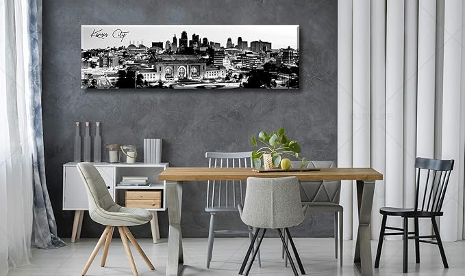 Pictures for Bedroom Black and White Wall Art Kansas City Panoramic Cityscape Skyline Canvas Art Prints for Living Room Office Home Decor Framed and Ready to Hang 13.8"x47.3"-Ruum Studio Home