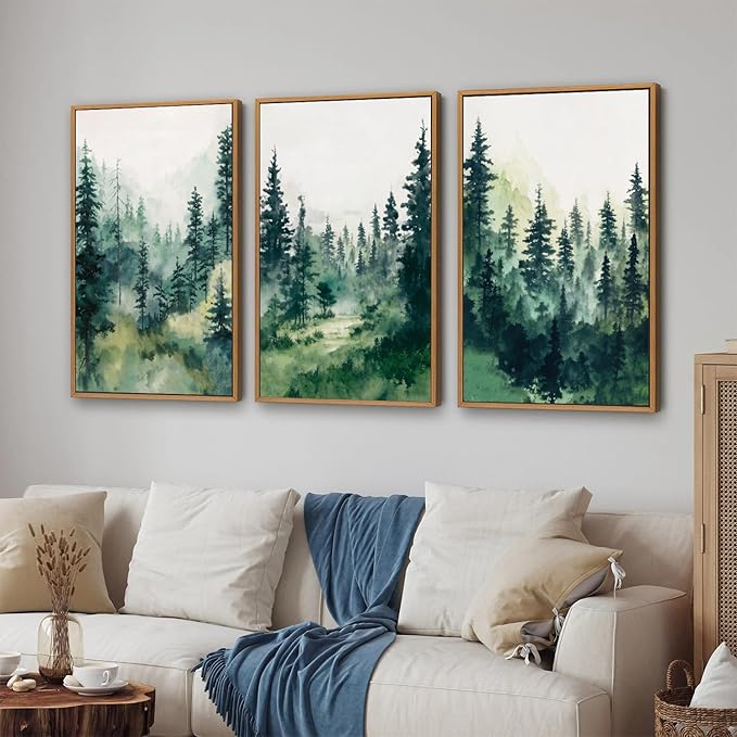 Tinonedraw Watercolor Forest Framed Canvas Wall Art Set, Modern Pine Tree Wall Painting, Nature Foggy Landscape Wall Decor, Misty Mountain Art Prints for Bedroom Living Room Farmhouse Office 16"x24"x3-Ruum Studio Home