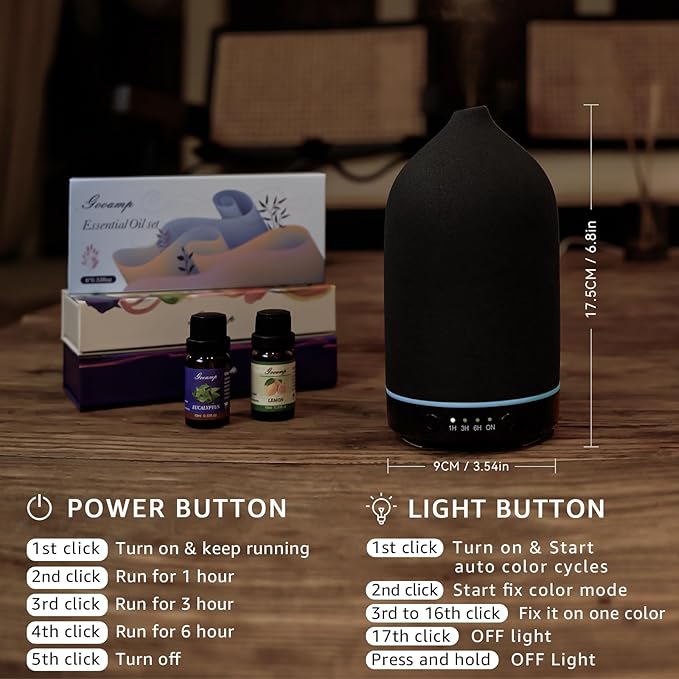 200ML Ceramic Essential Oil Diffuser - Ultrasonic Aromatherapy & Humidifier with 7-Color LED Lights, Auto Shut-Off, Black, 1H/3H/6H Timer | Scent for Home, Office, Yoga-Ruum Studio Home