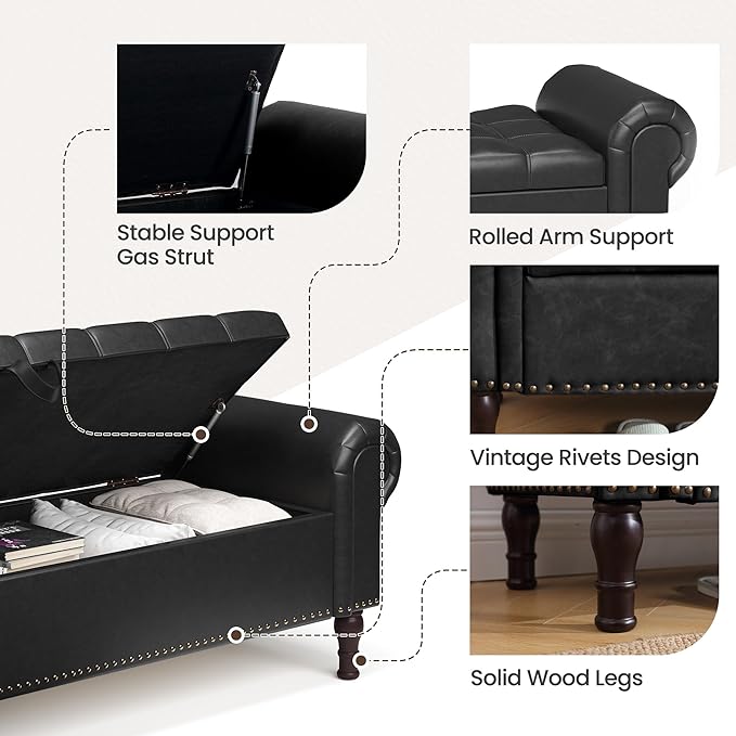 60" Storage Ottoman Bench for Bedroom, Full Queen Storage Bench with Button, Upholstered Bedroom Bench with Rolled Arms for Living Room, Storage Room, Entryway, Black-Ruum Studio Home