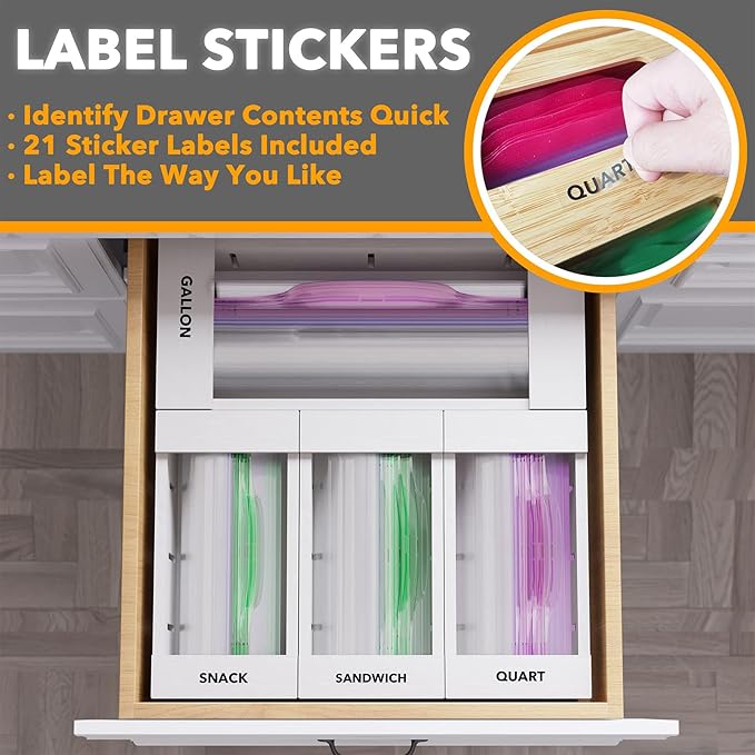 SpaceAid Bag Storage Organizer for Kitchen Drawer, Bamboo Organizer, Compatible with Gallon, Quart, Sandwich and Snack Variety Size Bag (4 Pack), White-Ruum Studio Home