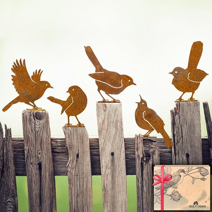 5PCS Rusty Birds Decoration,Outdoor Bird Wall Decor,Metal Birds Yard Decor, Metal Birds Craft Statue Ornaments - Garden Sculptures and Yard Art, Fence Decorations Outdoor,Rustic Garden Decor-Ruum Studio Home