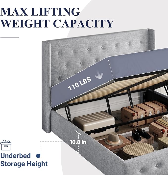 Allewie Queen Size Lift Up Storage Bed, Button Tufted Headboard with Wingback, Hydraulic Support, No Box Spring Needed, Light Grey-Ruum Studio Home