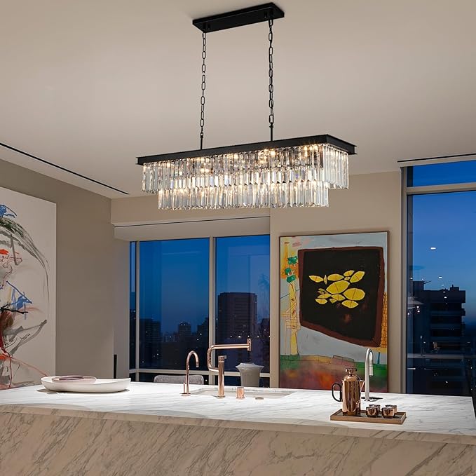 Crystal Chandeliers for Dining Room Light Fixtures Over Table，15-Lights Black Modern Rectangle Chandeliers for Kitchen Island Bar L40 Inch-Ruum Studio Home