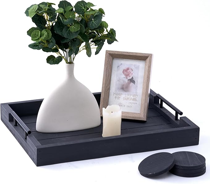 Dark Grey Coffee Table Decorative Serving Tray with Handles & 4 Coasters - 17x13 Inch Wood Tray for Ottoman, Breakfast, Wooden Tray-Ruum Studio Home