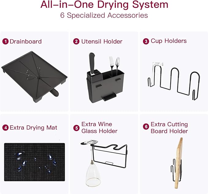 BOOSINY 2 Tier Black Large Stainless Steel Dish Drainers Drying Rack for Kitchen Counter with Drainboard, Rust Proof Metal, Space Saving, Modern Aesthetic, Compact Plates Strainers with Extra Mat-Ruum Studio Home