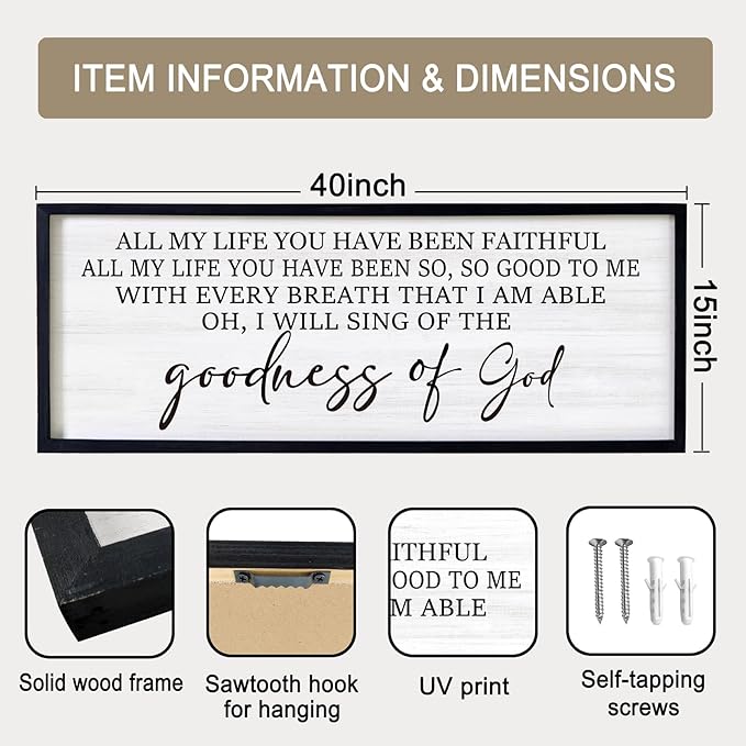 Goodness of God Framed Wall Art, 40''×15'' Positive Religious Black Bible Verse for Christian God Jesus Christ Prayer, Vintage Rustic Long Holy Catholic Scripture Decor-Ruum Studio Home