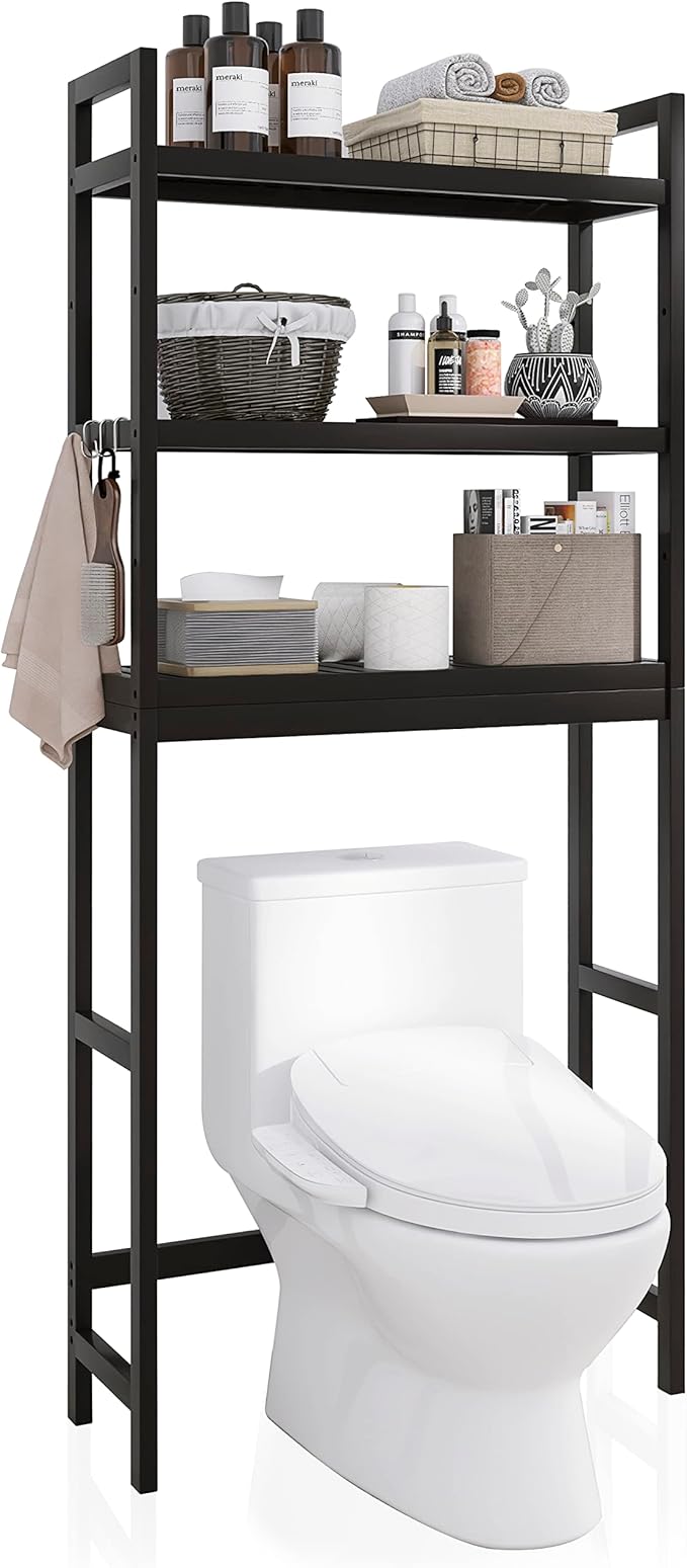 SMIBUY Bathroom Storage Shelf, Bamboo Over-The-Toilet Organizer Rack, Freestanding Toilet Space Saver with 3-Tier Adjustable Shelves (Black)-Ruum Studio Home