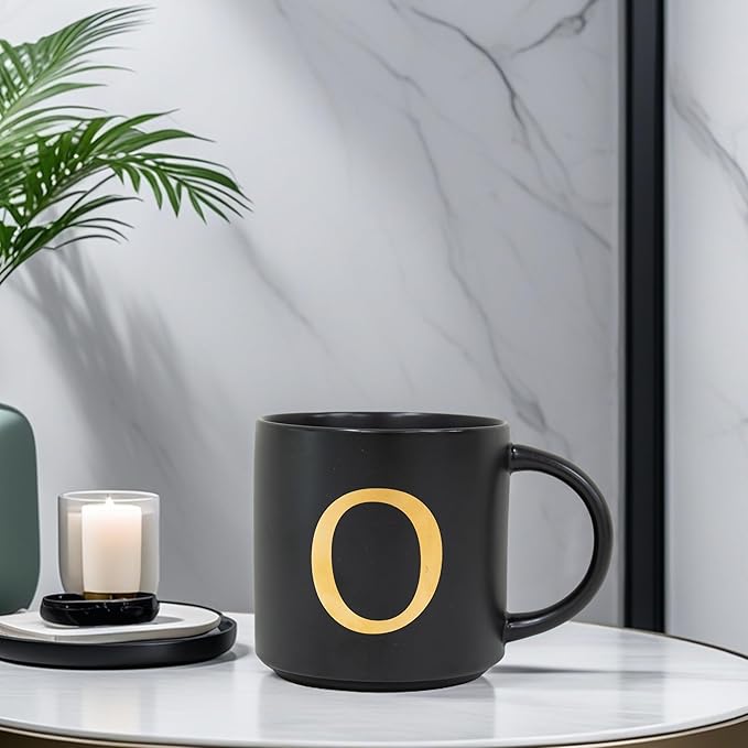 COLLECTIVE HOME - Monogram Ceramic Mugs, 15 oz Golden Initial Black Coffee Cups, Elegant Alphabet Tea Mugs, Elegant Personalized Mug with Gift Box, Unique Mug with Double Side Capital Lette (O)-Ruum Studio Home