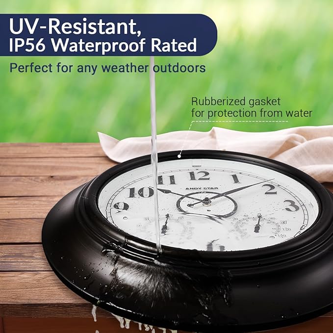 Andy Star 21 Inch Large Illuminated Outdoor Wall Clock Waterproof with Thermometer and Hygrometer, Oversized Battery Wall Clock for Patio Pool, Oil Rubbed Bronze Silent Non Ticking Clock for Garden-Ruum Studio Home