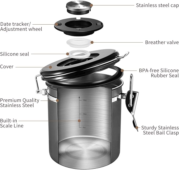 Veken Coffee Canister, Airtight Stainless Steel Kitchen Food Storage Container with Date Tracker and Scoop for Beans, Grounds, Tea, Flour, Cereal, Sugar, Cookies Jars, 16OZ Gray-Ruum Studio Home