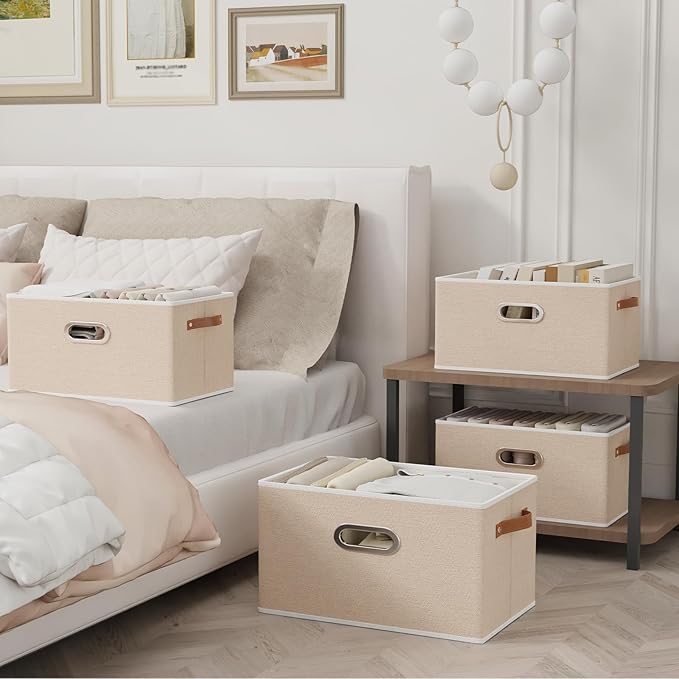 Yawinhe Collapsible Storage Box, Cube Storage Basket, Fabric Foldable Storage Bins Organizer Containers with Dual Leather Handles for Home Bedroom Closet Office,15.0 x 9.8 x 8.3 Inch, (Beige, 4-Pack)-Ruum Studio Home