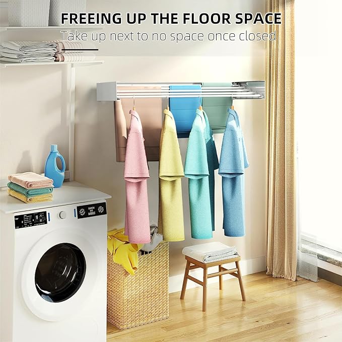Laundry Drying Rack Collapsible, Wall Mounted Clothes Drying Rack, Space Saving Foldable Drying Rack for Laundry, 23.6" Wide, 11.2 Linear Ft, 4 Aluminum Rods, 60 lb Capacity-Ruum Studio Home
