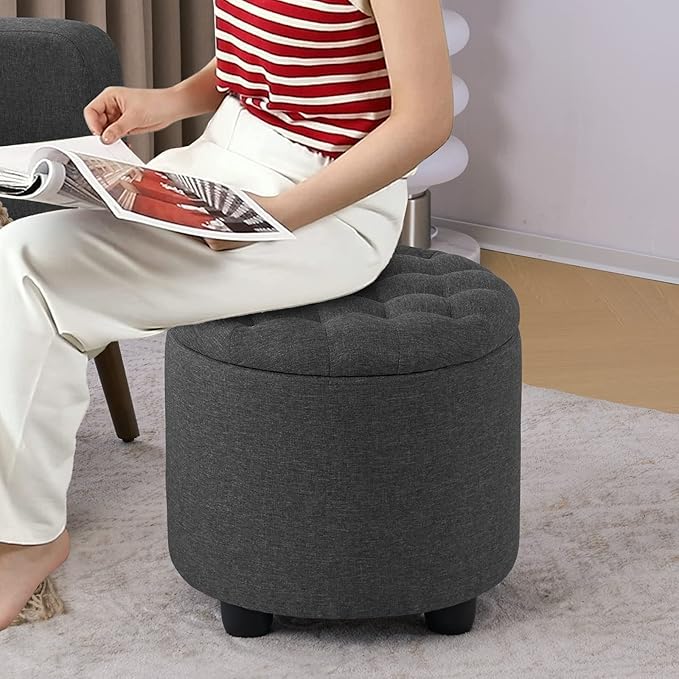 Furniliving 18.7inch Storage Round Ottoman, Footstools with Hidden Storage with Removable Lid, Stylish Button Tufted Design Ottoman Foot Stools for Living Room, Bedroom，Darkgrey-Ruum Studio Home