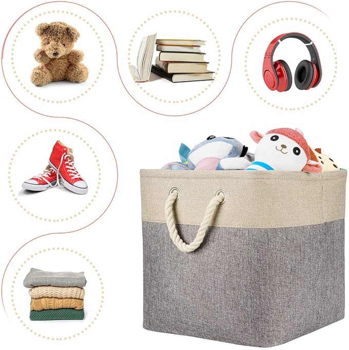 i BKGOO 3Pack Large Foldable Storage Bins，Collapsible Sturdy Cationic Fabric Organizing Storage Basket Cube with Cotton Handles for Home Office Shelf Clothes Toys Khaki-Grey 13×13×13 inch-Ruum Studio Home
