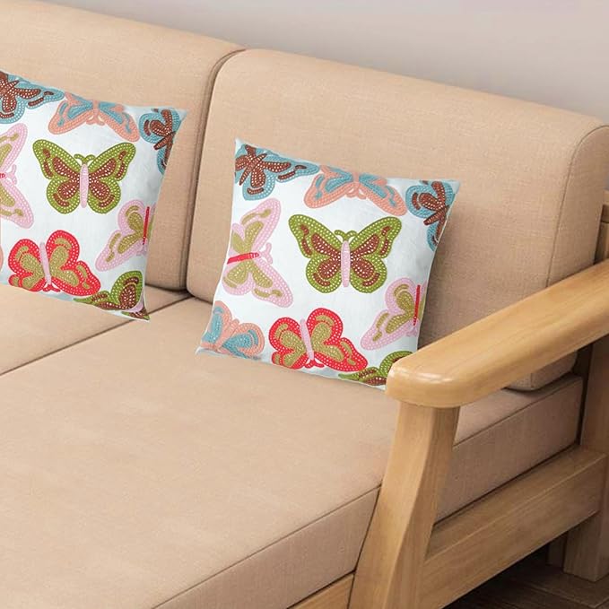 Embroidered Decorative Throw Pillow Cover, 18"x18" Set of 2, Farmhouse Pillowcase Colorful Butterfly Knit Pattern Cotton Canvas Cushion Case Square Floral Pillow Case for Sofa Couch Bed Living Room-Ruum Studio Home