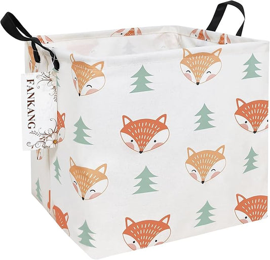 FANKANG Square Nursery Hamper Storage Bins Canvas Laundry Basket Foldable with Waterproof PE Coating Storage Baskets Gift Baskets for Children, Office, Bedroom, Clothes（Square-Fox）-Ruum Studio Home