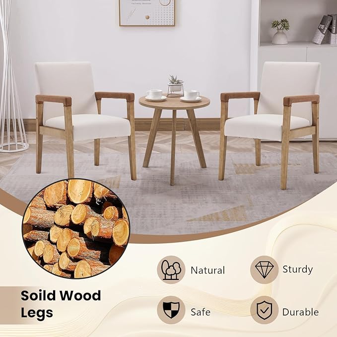 Kmax Modern Dining Chairs Set of 2 Linen Fabric Kitchen Arm Chairs Upholstered Accent Chairs with Wooden Legs for Dining Room, Living Room, Bedroom, White-Ruum Studio Home