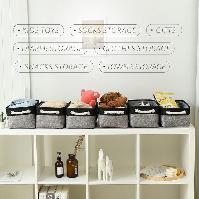 TcaFmac Storage Basket for Shelves - Small 6 Pack Fabric Storage Bins for Organizing, Collapsible Storage Cubes with Handle for Closet Cloth Toy Gift Kids (Black & Grey 11.8 x 7.8 x 5.2 inch)-Ruum Studio Home