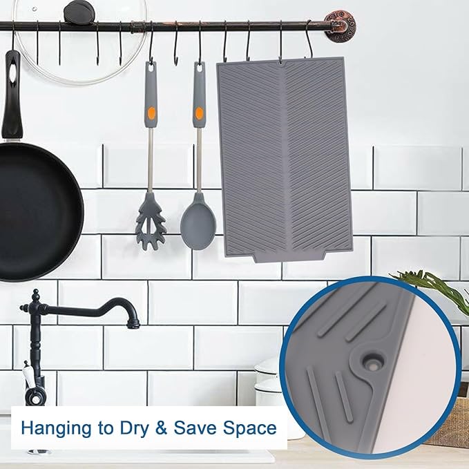 Silicone Dish Drying Mat for Kitchen Counter, 15''x 10'' Drying Mat with Drain Lip, Non-Slip Dish Drainer Mats with Built-in Drain, Heat Resistant Drain Pad on Countertop, Gray-Ruum Studio Home