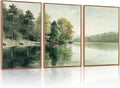KAIRNE Framed Nature Canvas Wall Art Set,Misty Forest Wall Decor,Green Mountain Forest Pictures,Lake Water Painting set of 3(16”x24”),Landscape Scene Print for Living Room, Bedroom,Gallery Decor-Ruum Studio Home