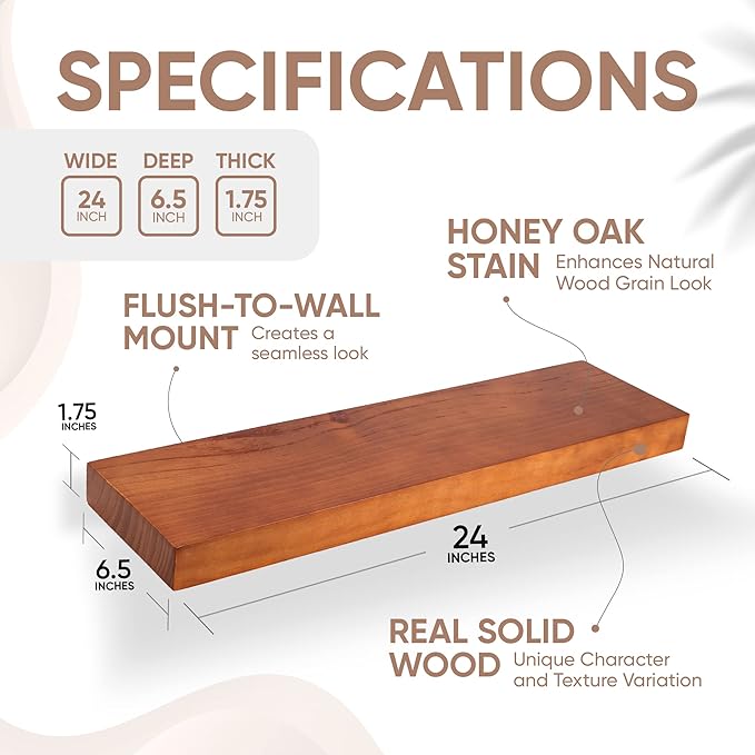 Homeforia 24inch Oak Floating Shelf for Wall, High End Solid Real Wood 24 inches Long Floating Shelves for Bathroom, Honey Oak Wooden Floating Shelves, Heavy Duty Bracket, 24 X 6.5 X 1.75 in, Set of 3-Ruum Studio Home