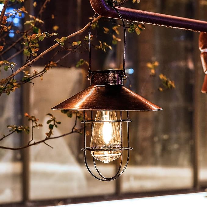 pearlstar Solar Lantern Outdoor Hanging Light Metal Farmhouse Solar Lamp with Warm White Edison Bulb Design for Garden Yard Patio Porch Decor (Brushed Copper)-Ruum Studio Home