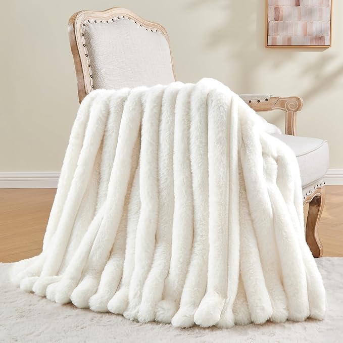 BEDELITE Faux Fur Throw Blanket for Couch, Soft and Cozy Luxurious 3D Striped Fluffy Blanket, 770GSM Thick Warm Plush Fuzzy Faux Rabbit Fur Blanket for Women Gift (Cream, 50"x 60")-Ruum Studio Home