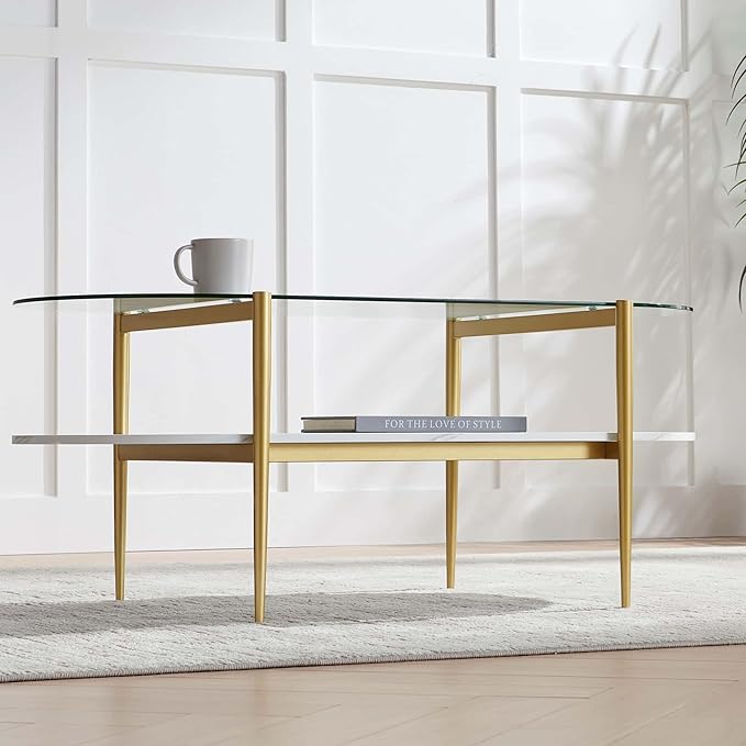 Oval Coffee Table, Mid-Century Modern Design, L41 x W21 x H17 inch, for Living Room, Clear Glass Top, White Marble Finish Wood Shelf & Gold Finish Frame-Ruum Studio Home