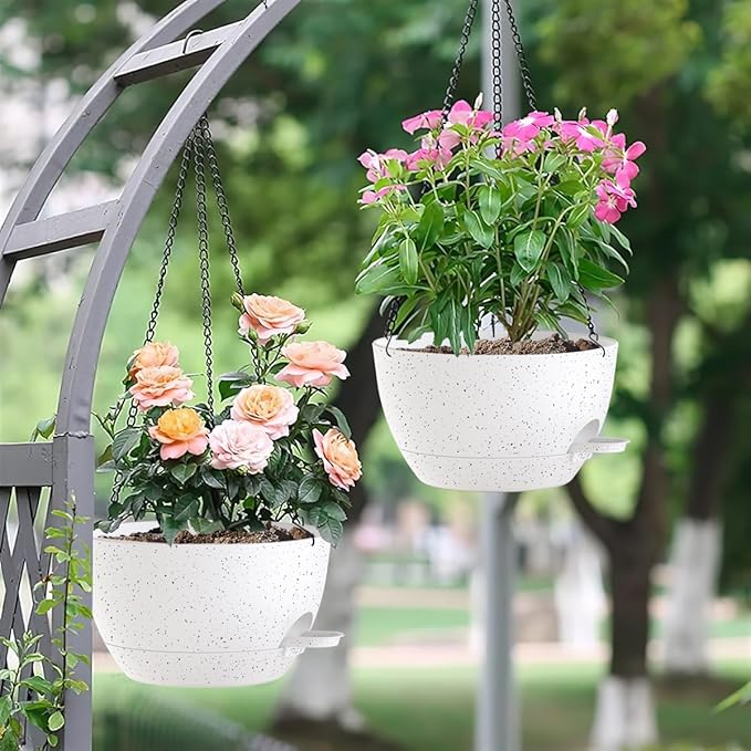 12 Inch Hanging Baskets 2 PC with Chains, Self-Watering Hanging Planters for Indoor Outdoor Plants, Plastic Hanging Flower Pots,Speckled White-Ruum Studio Home
