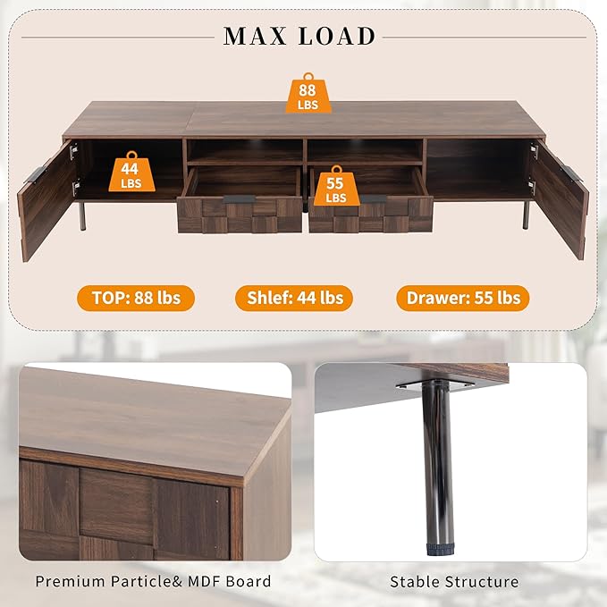 Modern TV Stand for TVs up to 85", Mid-Century Media Console with Checkered Cabinet Doors, Storage Drawers & Open Shelves, Wood Entertainment Center with Metal Legs-Ruum Studio Home