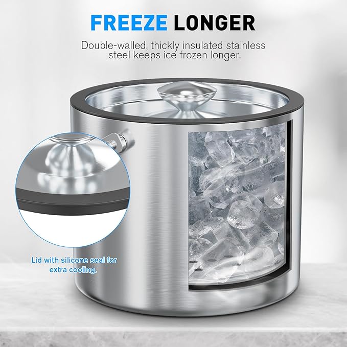 3.2 Liter Ice Bucket with Silicone Lid, Strainer, Tongs, Double Wall Insulated Stainless Steel Ice Bucket Wine Bucket for Cocktail Bar and Parties-Ruum Studio Home