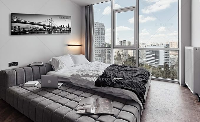 DJSYLIFE- Philadelphia Skyline Wall Art,Black and White Stretched Canvas Wall Art Prints for Bedroom or Office Decoration, Ready to Hang 13.8"x47.3"-Ruum Studio Home