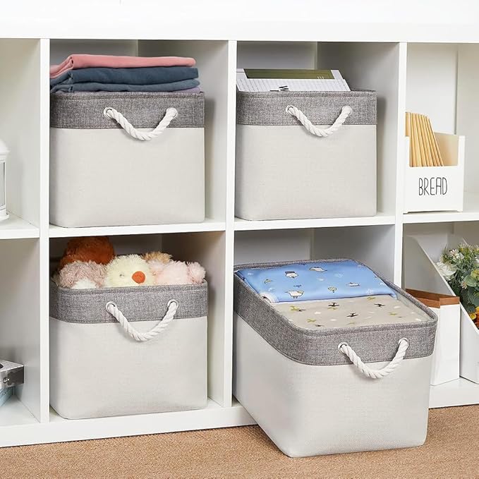 Organization and Storage Basket for Organizing - Large 4 Pack 16x12x8 inch Fabric Storage Cube Collapsible Baskets for Shelves, Storage Bins for Cloth Books (Grey & White)-Ruum Studio Home