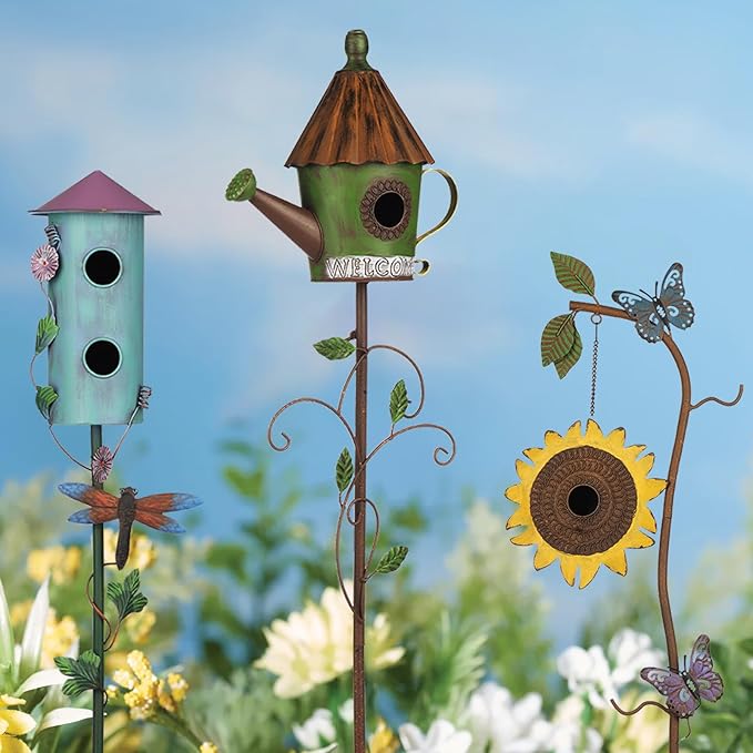 BAYN 57” Bird Houses Stake for Outside, Metal Wild Bird Feeder Double-Hole Birdhouse Stake with Cylinders Design Outdoor Decorations for Patio, Backyard, Garden-Ruum Studio Home