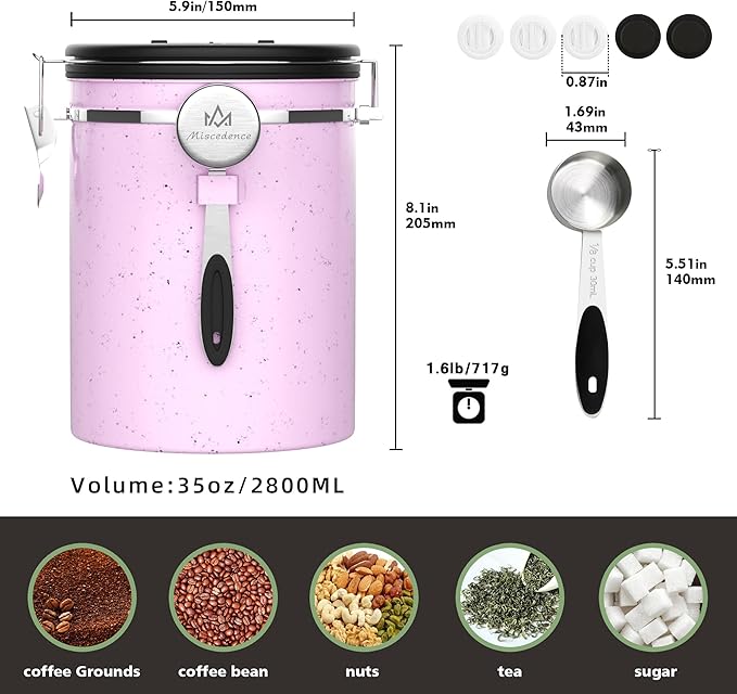 35OZ Coffee Canister for ground coffee with Date Tracker,pink 304 Stainless Steel Kitchen Food Airtight storage container for Coffee Beans or Grounds, Tea, Sugar-Ruum Studio Home