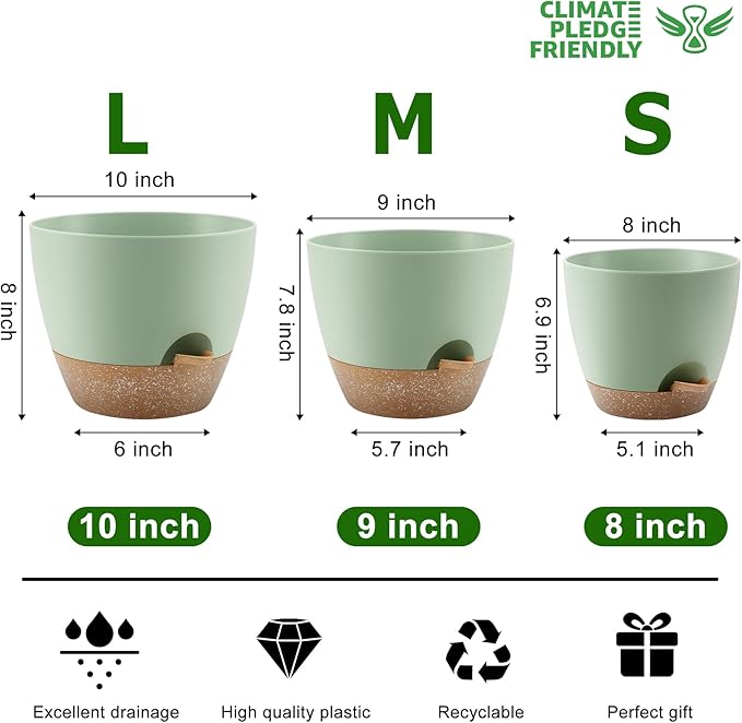 Plant Pots 10/9/8 Inch Self Watering Pots, Set of 3 Plastic Planters with Drainage Holes and Saucers,Plastic Flower Pots,Nursery Planting Pot for Indoor Out Door Plants（Green）-Ruum Studio Home