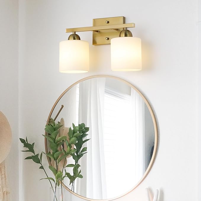 Stainless Steel Milk Glass Vanity Lights for Bathroom, 2 Light Gold Bathroom Light Fixtures Over Mirror, Ceramic E26 Sockets Wall Mounted-Ruum Studio Home