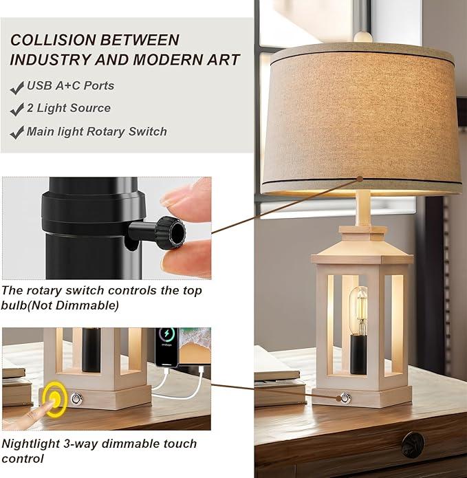 23.75" Retro Farmhouse USB C+A Ports Table Lamp with 3 Way Dimmable Touch Control White Nightlight Vintage Modern Lamp for Living Room Bedroom with 2 Light Sources-Ruum Studio Home
