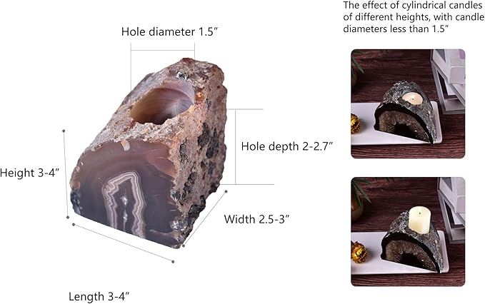 AMOYSTONE Agate Candle Holder Multi-Functional Décor 1-1.5lb Pillar Candles & Makeup Brush Storage | Irregular Half-Cut Design | Meditation Desk Accent | Spiritual Starter Gift-Ruum Studio Home