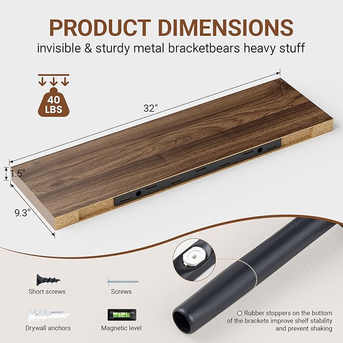 Heimlove 32 Inch Floating Shelves for Wall,Walnut 9.3" Deep Floating Shelf Set of 2,Wall Mounted Shelves for Bathroom Bedroom Living Room Kitchen Office,Shelf for Books Storage Room,Home Decor-Ruum Studio Home