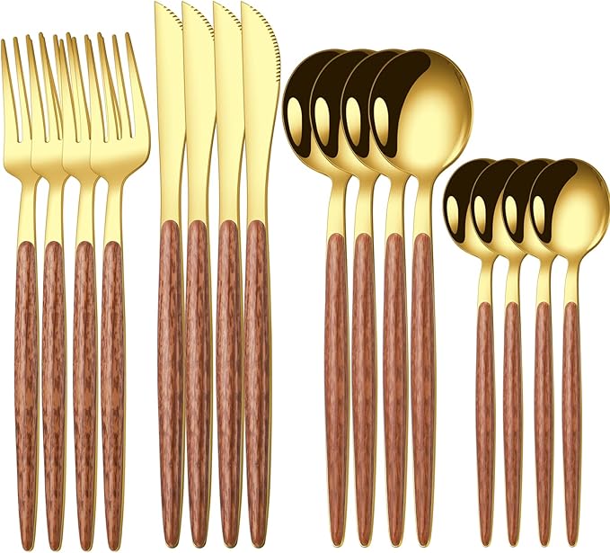 16 Pcs Gold Silverware Set with Simulated Wooden Handle for 4,Stainless Steel Cutlery Set,Mirror Polished Tableware Utensils Flatware Set,Include Knives Spoons and Forks set,Dishwasher Safe-Ruum Studio Home