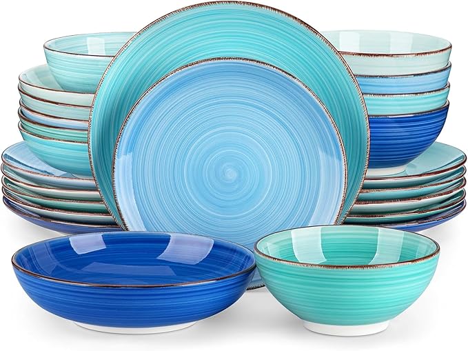 vancasso Bonita Dinnerware Set 24 Pieces Blue Stoneware Service for 6, Handpainted Spirals Pattern Stoneware Combination Set-Ruum Studio Home