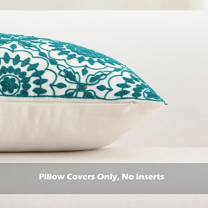 HWY 50 Teal Decorative Throw Pillow Covers 18x18 Inch (1 Piece), Embroidered Cotton Farmhouse Cushion Cover Pillow Case for Sofa Couch Living Room Bed, Little Sunflower-Ruum Studio Home