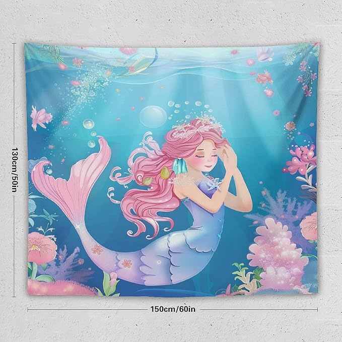 HZOHNAGO Mermaid Girls Tapestry Watercolor Flowers Mermaid Princess Blessing Pattern for Kids Room Decoration Printed Wall Tapestry Wall Hanging for Bedroom Living Room Dorm 60" W x 50" H-Ruum Studio Home