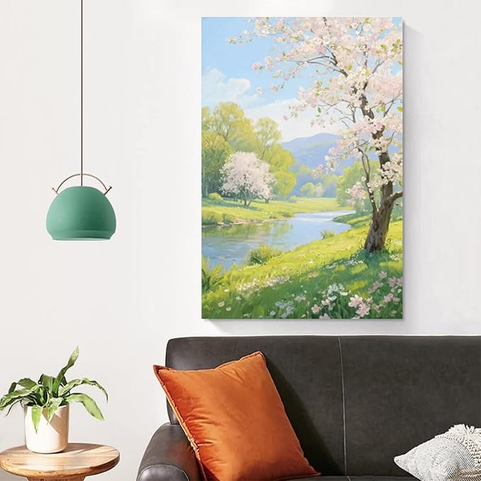 The scenery of a stream between trees and cherry blossoms under the blue sky is suitable for posting in the living room bedroom office landscape posters-Ruum Studio Home