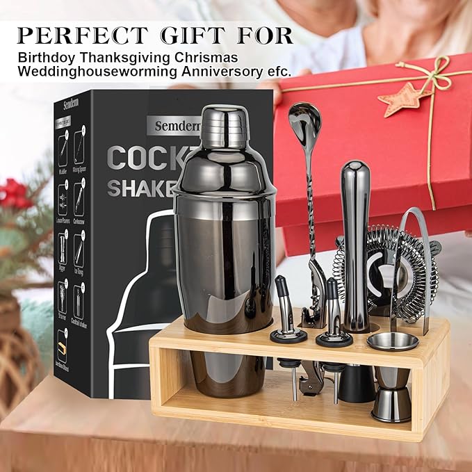 Cocktail Shaker Set, Mixology Bartender Kit 10-Piece Bar Tool Set with Stylish Bamboo Stand, Bar kit: Matini Shaker Mixing Spoon Muddler Jigger Cocksrew for Barware Set | Black-Ruum Studio Home