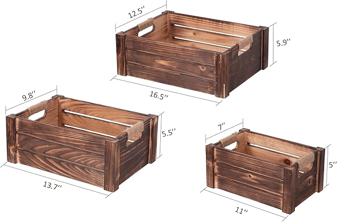 TIMRIS Set of 3 Rustic Wood Nesting Crates, Farmhouse Wooden Storage Container Boxes with Cutout Handles, Decorative Wooden Baskets for Display (Rustic Brown)-Ruum Studio Home
