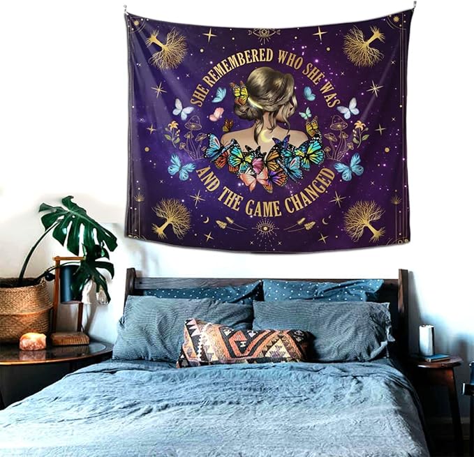 Inspirational Quote Tapestry She Remembered Who She Was And The Game Changed Positive Quotes Wall Decor,Uplifting Encouragement Gifts Inspirational Gift for Women Girls Tapestry for Bedroom 60"x50"-Ruum Studio Home